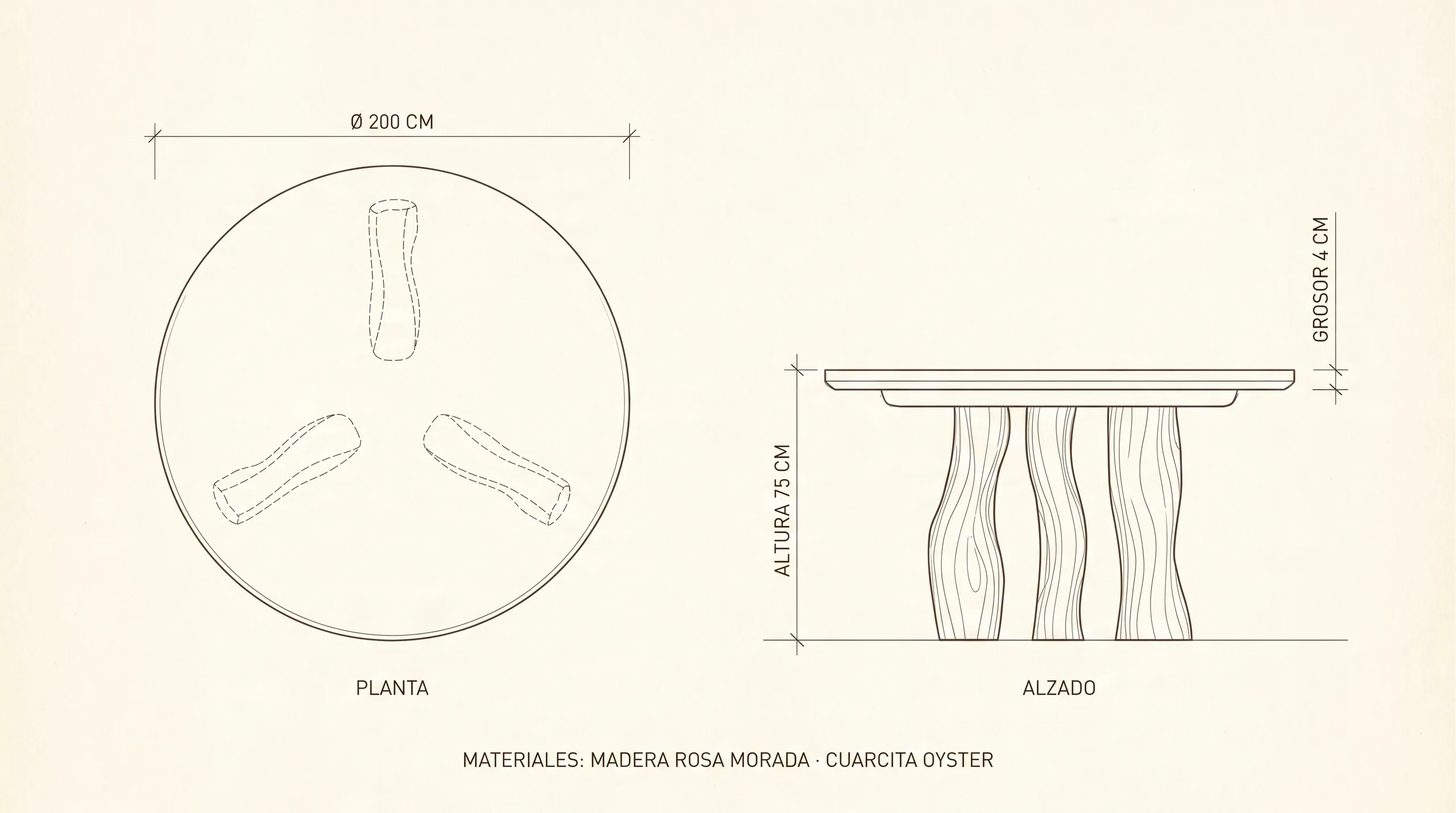 Plano técnico de la mesa con dimensiones reales