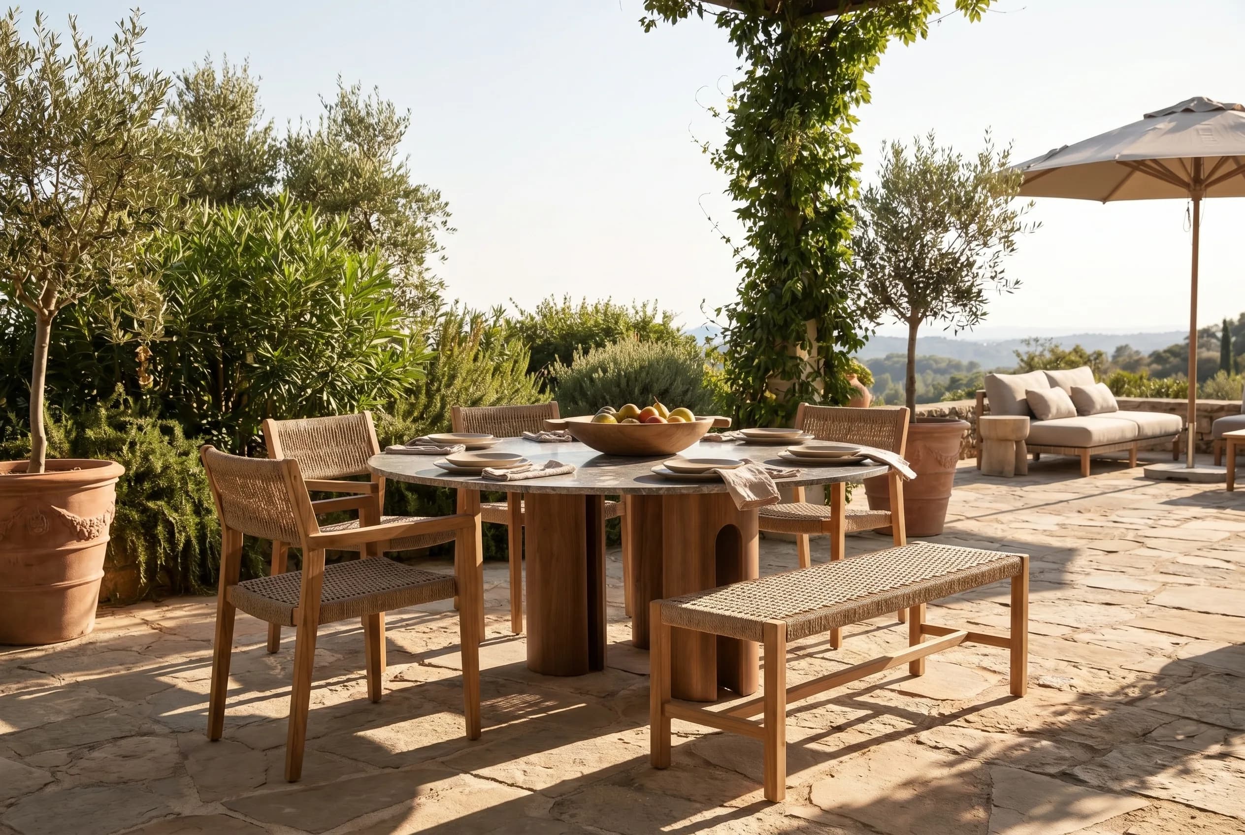 La mesa de cuarcita en una terraza exterior