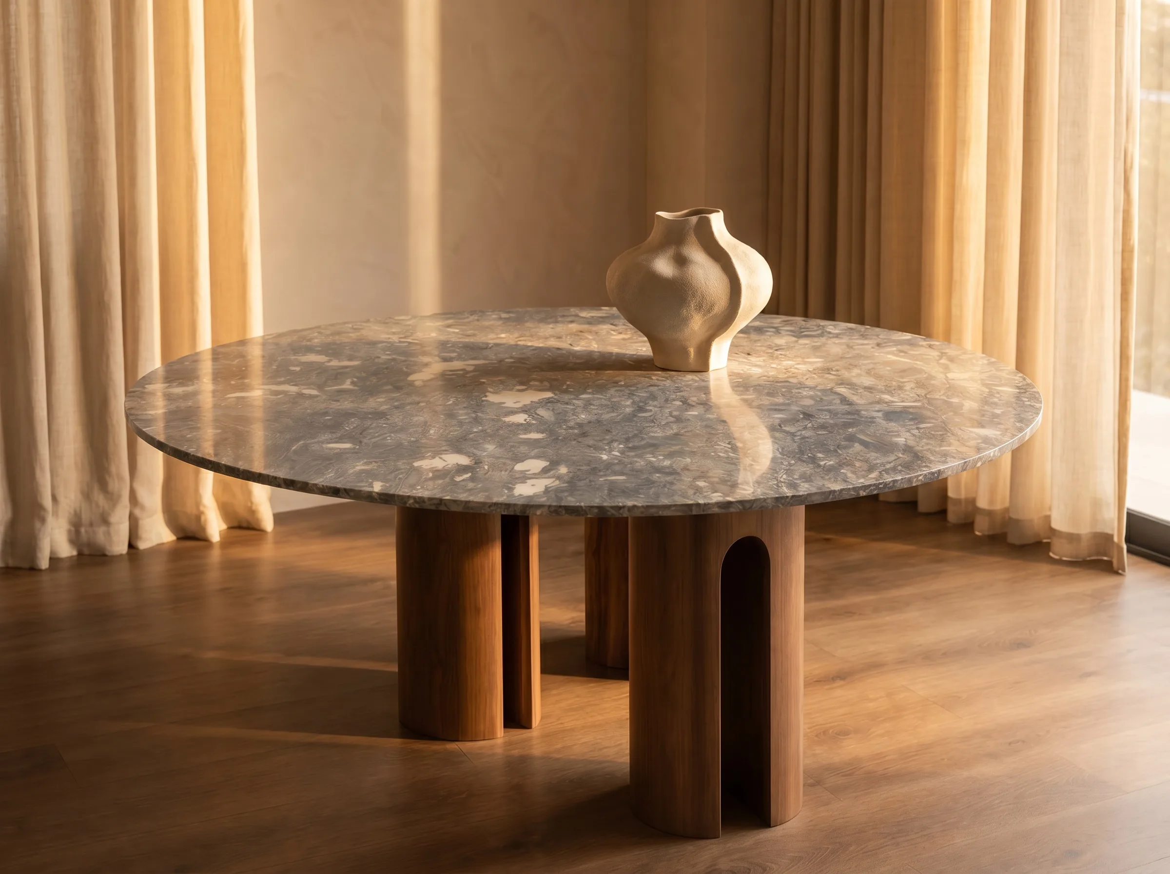 Luz del sol entrando sobre la mesa de cuarcita en una sala