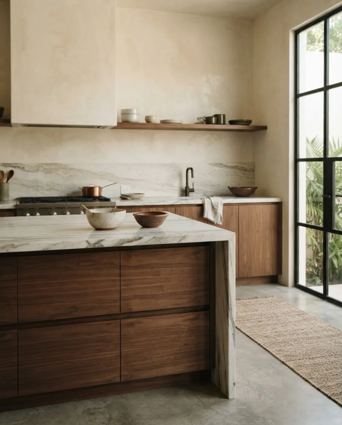 Cocina con isla de madera y cubierta de cuarcita veteada
