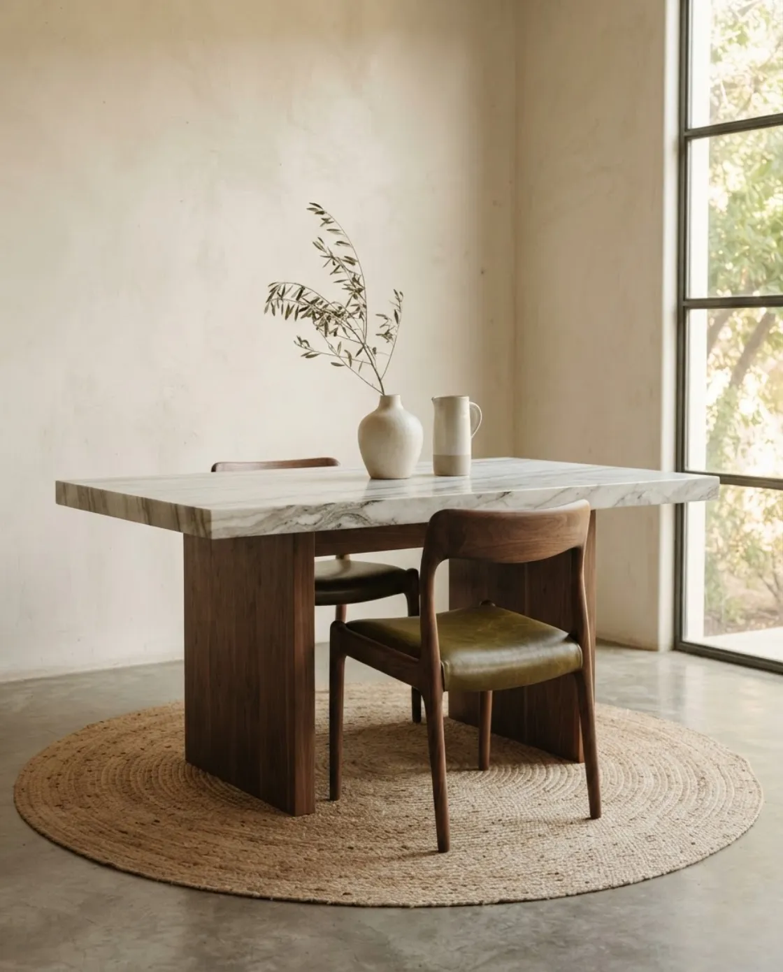 Comedor con mesa de cuarcita sobre base de madera maciza