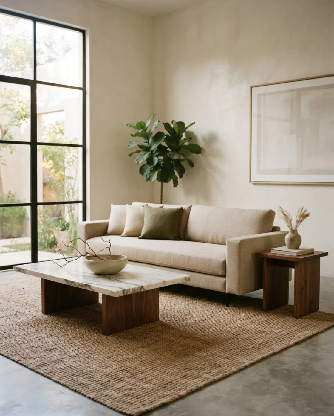 Sala con mesa de centro de cuarcita sobre base de madera