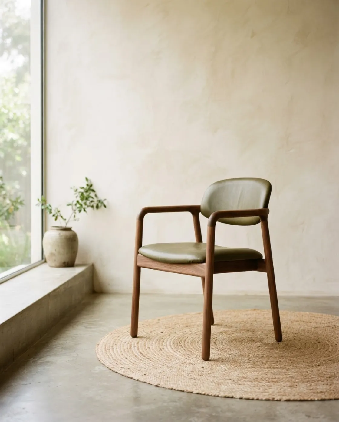 Silla de nogal con asiento de piel olivo junto a un ventanal